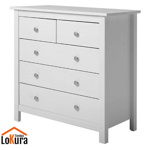 Cómoda 80 cm ancho en color blanco con con 5 cajones y tiradores metálicos