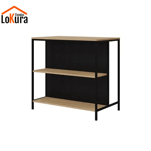 Mesa estilo bar Tonka con diseño industrial, patas de metal negras y estantes de melamina, ideal para cocinas y comedores.