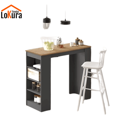 Mesa alta de cocina tipo barra con estantes de almacenamiento y diseño moderno
