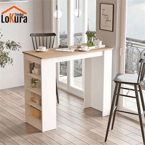 Mesas altas de cocina tipo barra de madera con 4 estantes laterales