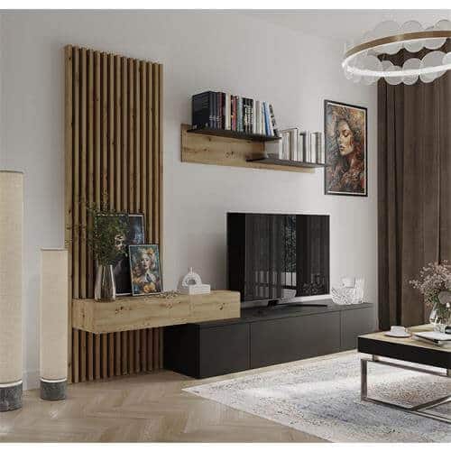 conjunto muebles salón acabado roble negro – estilo elegante con almacenaje vertical