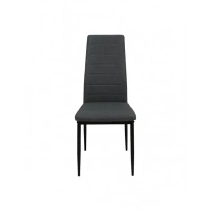 Silla tapizada en tela gris oscuro modelo Beni vista frontal con patas metálicas negras para comedor