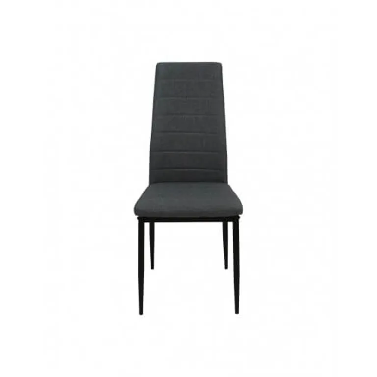 Silla tapizada en tela gris oscuro modelo Beni vista frontal con patas metálicas negras para comedor
