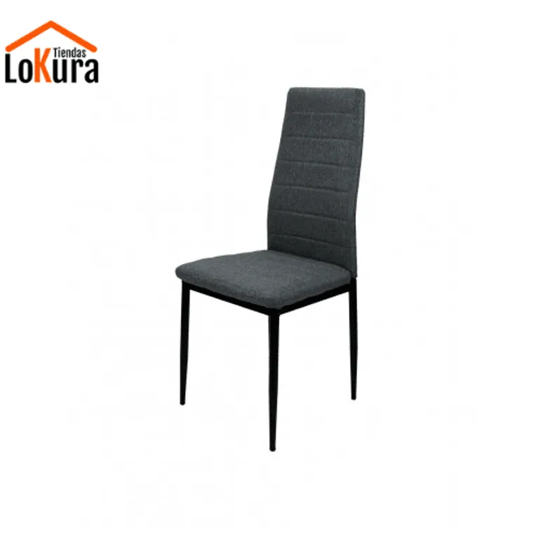 Sillas tapizadas en tela gris oscuro modelo Beni con patas metálicas negras para comedor