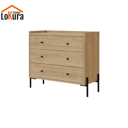 Cajonera moderna madera Mayra con tres cajones y patas metálicas, acabado roble natural