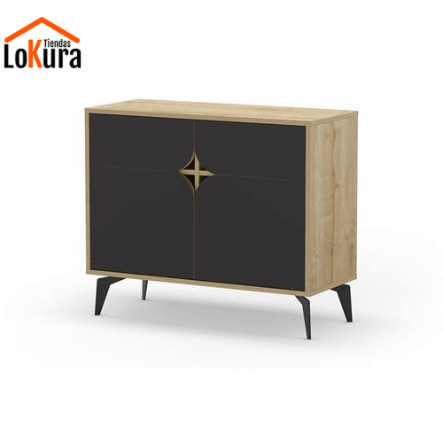 Cómoda con dos puertas en roble y negro con diseño escandinavo, patas metálicas y acabados elegantes