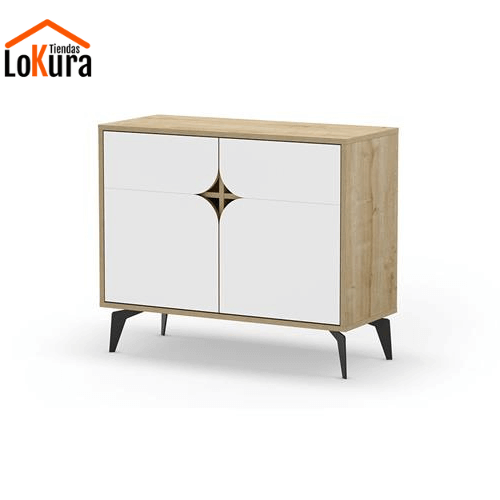 Cómoda con dos puertas blanca y roble con patas negras – estilo escandinavo