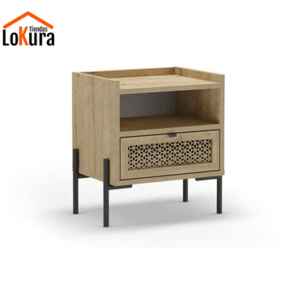 Mesa de noche de melamina INCA con cajón calado y acabado en roble natural