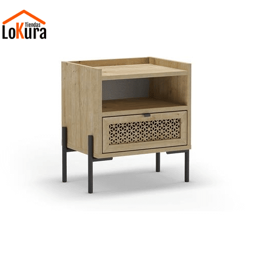 Mesa de noche de melamina INCA con cajón calado y acabado en roble natural
