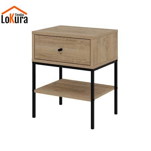 Mesitas modernas para dormitorio color roble con un cajón y patas de metal negras estilo industrial