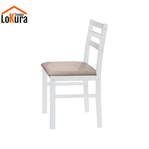 Silla de madera tapizada Seattle en blanco con asiento beige y diseño minimalista para comedores luminosos
