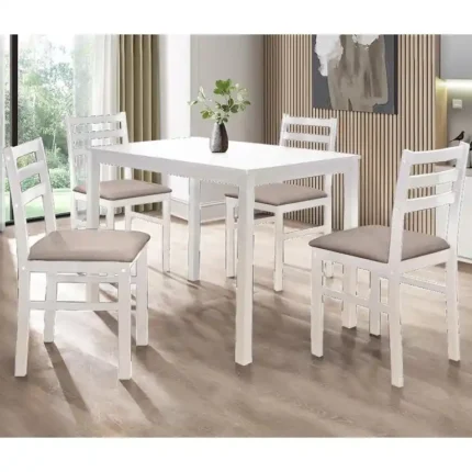 Comedor Seattle blanco con mesa rectangular y 4 sillas de asiento gris en ambiente de comedor