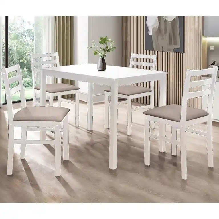 Comedor Seattle blanco con mesa rectangular y 4 sillas de asiento gris en ambiente de comedor