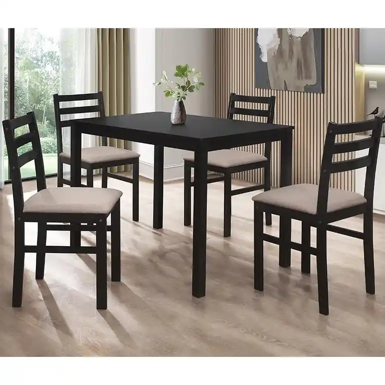 Comedor Seattle negro con mesa rectangular y 4 sillas de asiento gris en ambiente de comedor