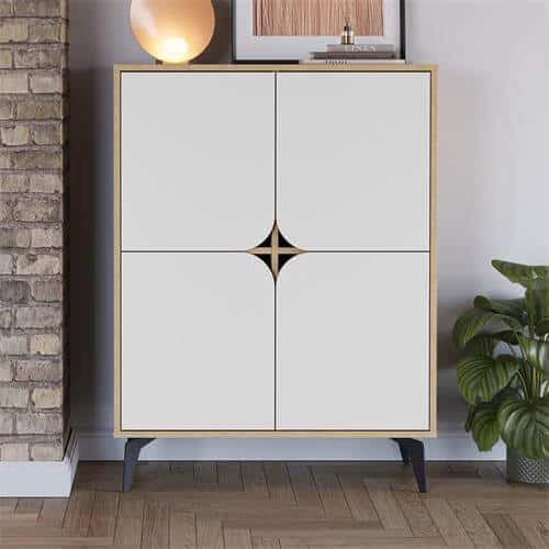 Mueble auxiliar alto y estrecho Nola blanco y roble en salón decorado – Tienda Lokura