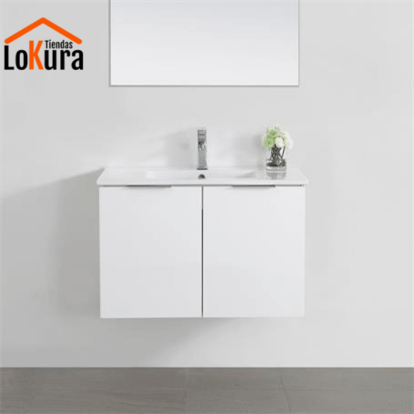 Lavabo colgado pared Venus con mueble de baño suspendido blanco y lavabo cerámico integrado
