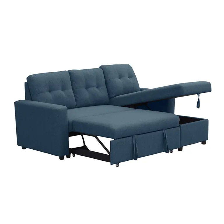 Sofá cama chaise longue reversible Teide azul con arcón abierto y sistema de cama
