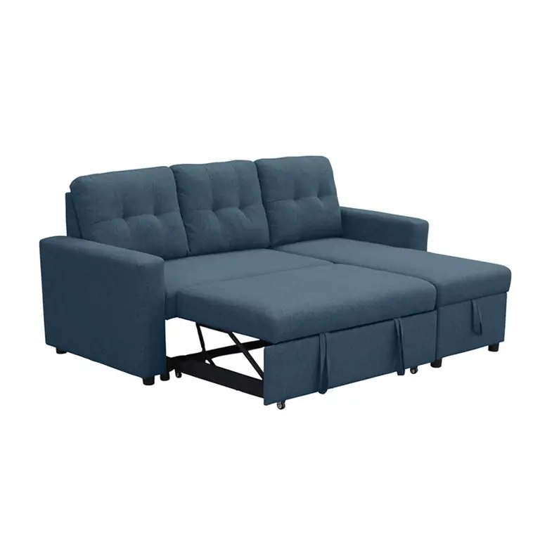 Sofá cama chaise longue reversible Teide azul abierto con sistema de arrastre y arcón