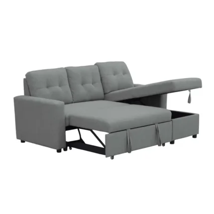 Sofá cama chaise longue reversible Teide en color gris con arcón abierto
