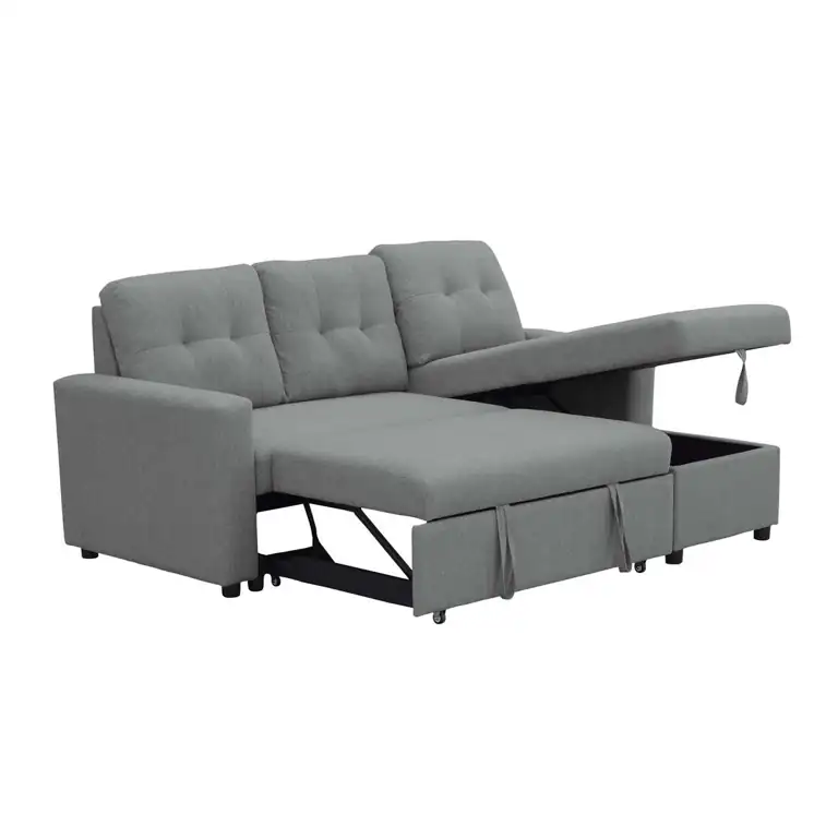 Sofá cama chaise longue reversible Teide en color gris con arcón abierto