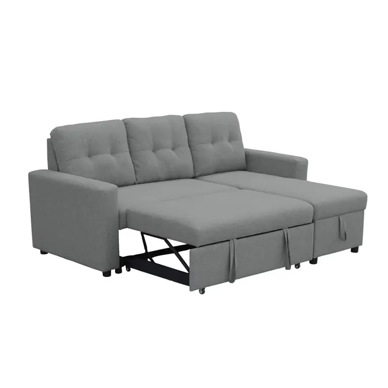 Sofá cama chaise longue reversible Teide en color gris con sistema de arrastre abierto