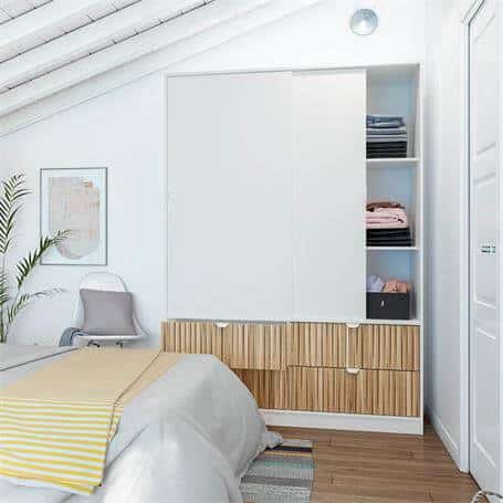 Armario 140 x 200 cm con puerta corredera en melamina blanco artik-natur, incluye 4 cajones, 2 baldas y una barra para colgar, ideal para maximizar espacio en dormitorios