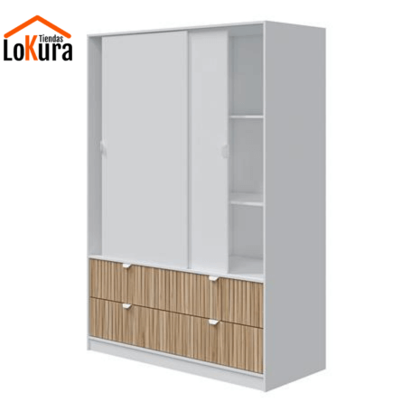 Armario 140 x 200 cm con puerta corredera en melamina blanco artik-natur, incluye 4 cajones, 2 baldas y una barra para colgar, ideal para maximizar espacio en dormitorios