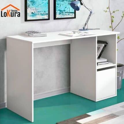 Mesa de estudio blanca Aura 120x50x74,6 cm con diseño moderno y puerta de almacenamiento, ideal para oficina o dormitorio juvenil