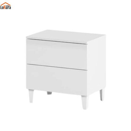 Mesita de noche blanca dos cajones, diseño moderno y patas altas