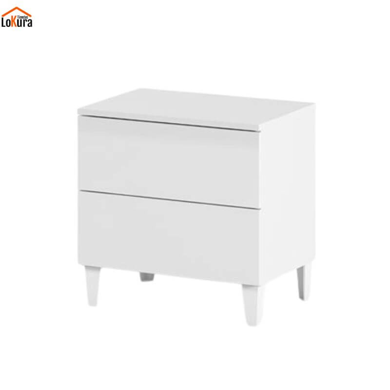 Mesita de noche blanca dos cajones, diseño moderno y patas altas