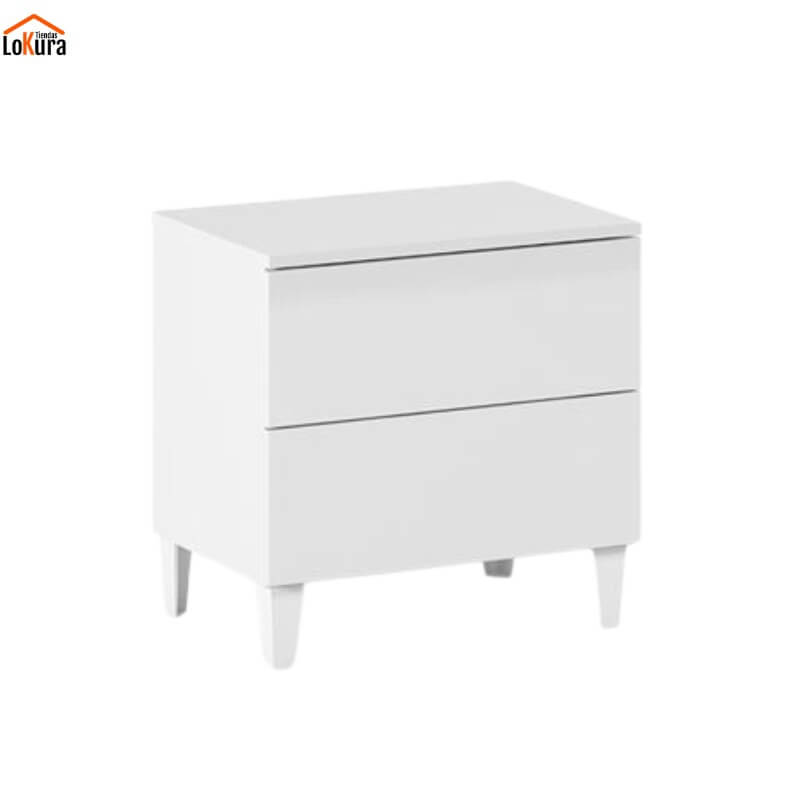 Vista frontal de mesita de noche blanca con dos cajones y patas altas, ideal para dormitorios modernos en Canarias