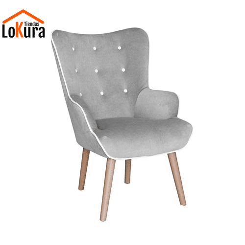 Butaca madera tapizada con respaldo alto, patas de madera y diseño moderno.