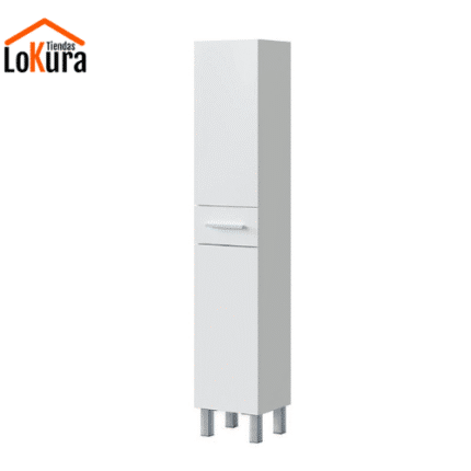 columna baño blanco brillo modelo Benotti con dos puertas, cajón y estantes ajustables.
