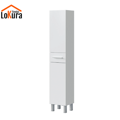 columna baño blanco brillo modelo Benotti con dos puertas, cajón y estantes ajustables.