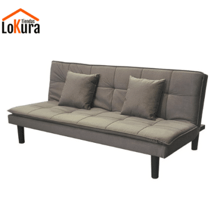 Sofá cama 180 largo modelo Momi en color marrón con tela resistente, cojines decorativos y diseño práctico para espacios pequeños