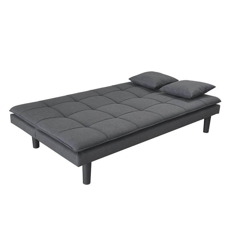 Sofá cama 180 largo en gris oscuro, desplegado en modo cama, con acabado en tela y cojines que combinan con el diseño moderno y funcional del mueble.