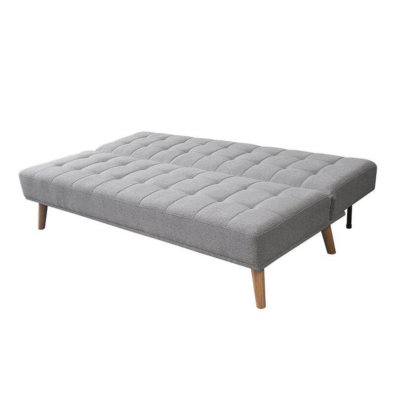 Sofá cama tela gris tipo libro, desplegado en modo cama con respaldo en cuadros y patas de madera sólida