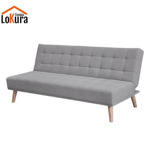 Sofá cama tela gris, apertura tipo libro, tres asientos, en modo sofá con cojines decorativos