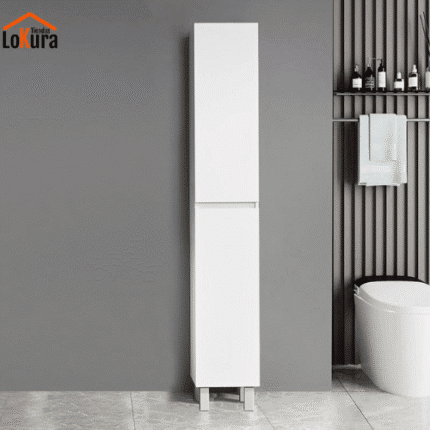 Columna Baño estrecha en blanco, vista frontal con puertas cerradas, diseño compacto y patas de aluminio