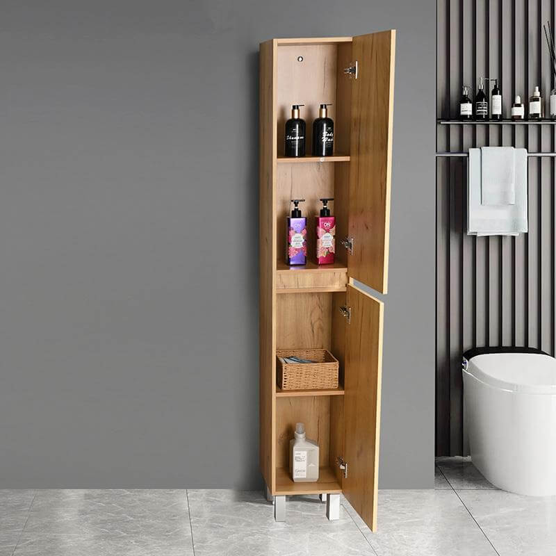 Columna baño estrecha en roble nodi, puertas abiertas mostrando estantes internos para organizar productos fácilmente