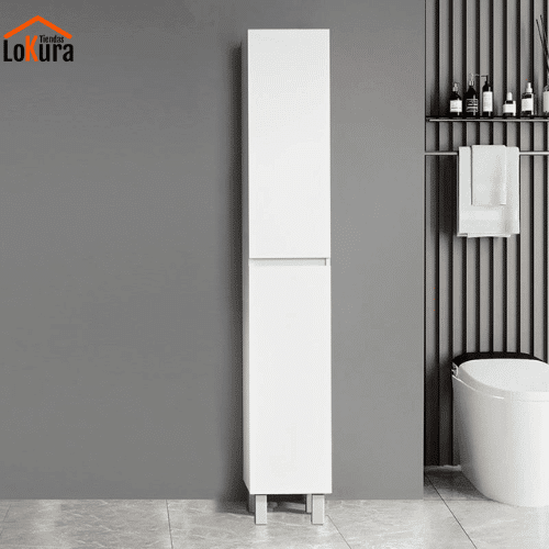 Columna Baño estrecha en blanco, vista frontal con puertas cerradas, diseño compacto y patas de aluminio