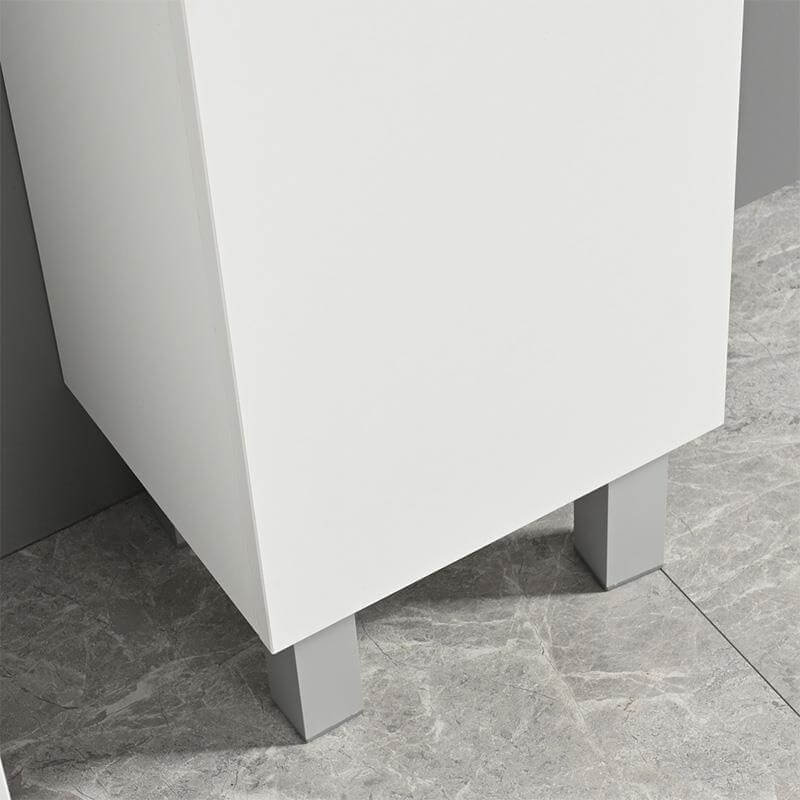 Detalle en primer plano de las patas de aluminio de la Columna de Baño Serie Silvia en color blanco.