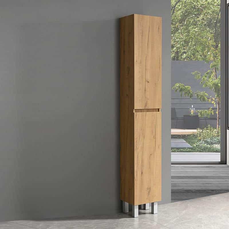 Columna baño estrecha en roble nodi, vista frontal con puertas cerradas y diseño elegante para baños modernos