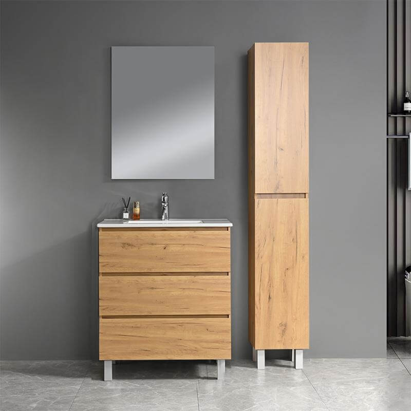 Columna baño estrecha junto a un mueble de lavabo y espejo, ideal para baños pequeños y modernos.