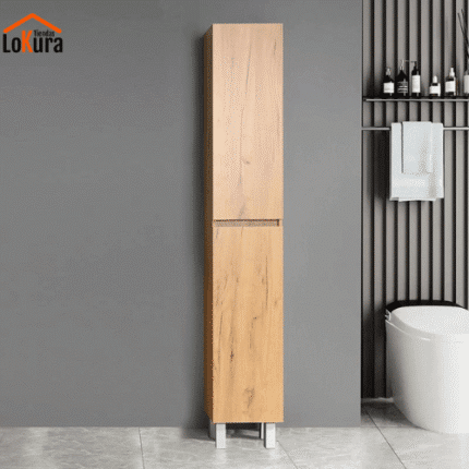 Columna baño estrecha Silvia en roble nodi, 2 puertas, 4 estantes, patas de aluminio, medidas 182x30x25 cm.