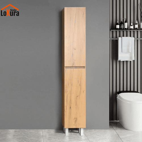 Columna baño estrecha Silvia en roble nodi, 2 puertas, 4 estantes, patas de aluminio, medidas 182x30x25 cm.