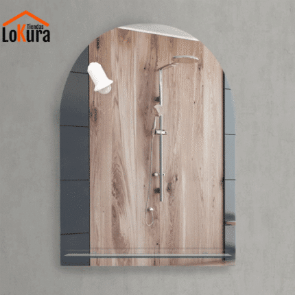 Espejo baño 60 x 80 modelo Benotti, diseño semicircular de 60 x 80 cm con repisa y foco.