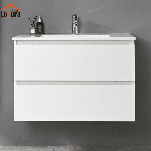 Gabinete baño blanco suspendido Serie Estela con diseño moderno y acabado en blanco mate
