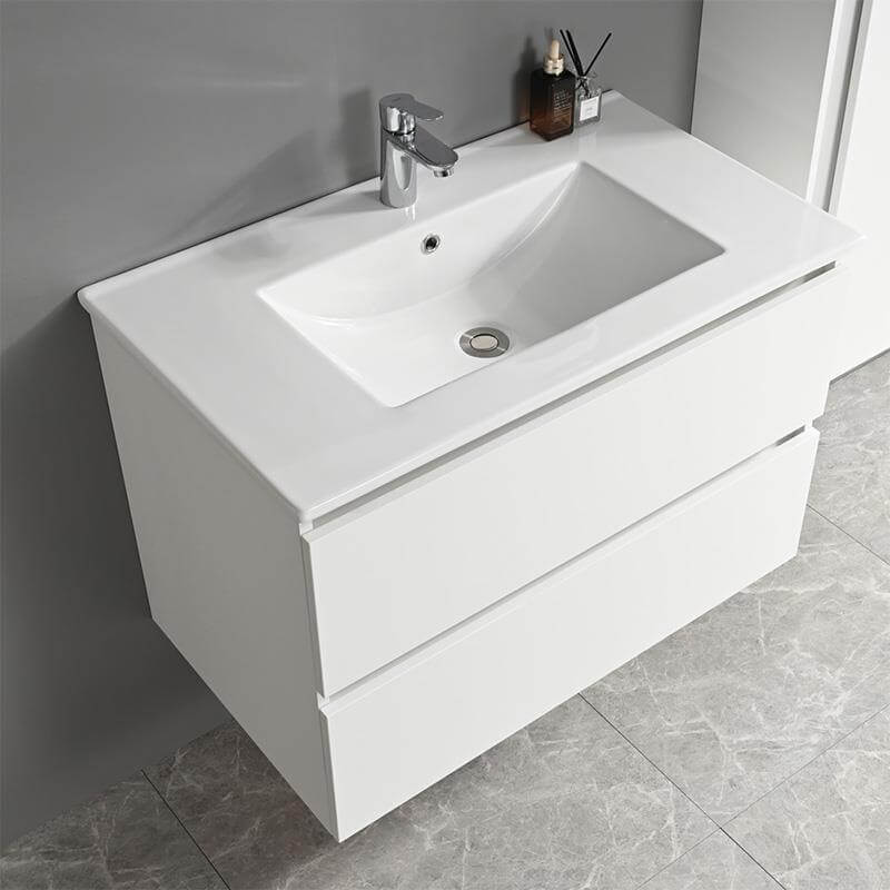 Gabinete baño blanco Serie Estela con lavabo cerámico blanco y estructura de tablero laminado de 16 mm.