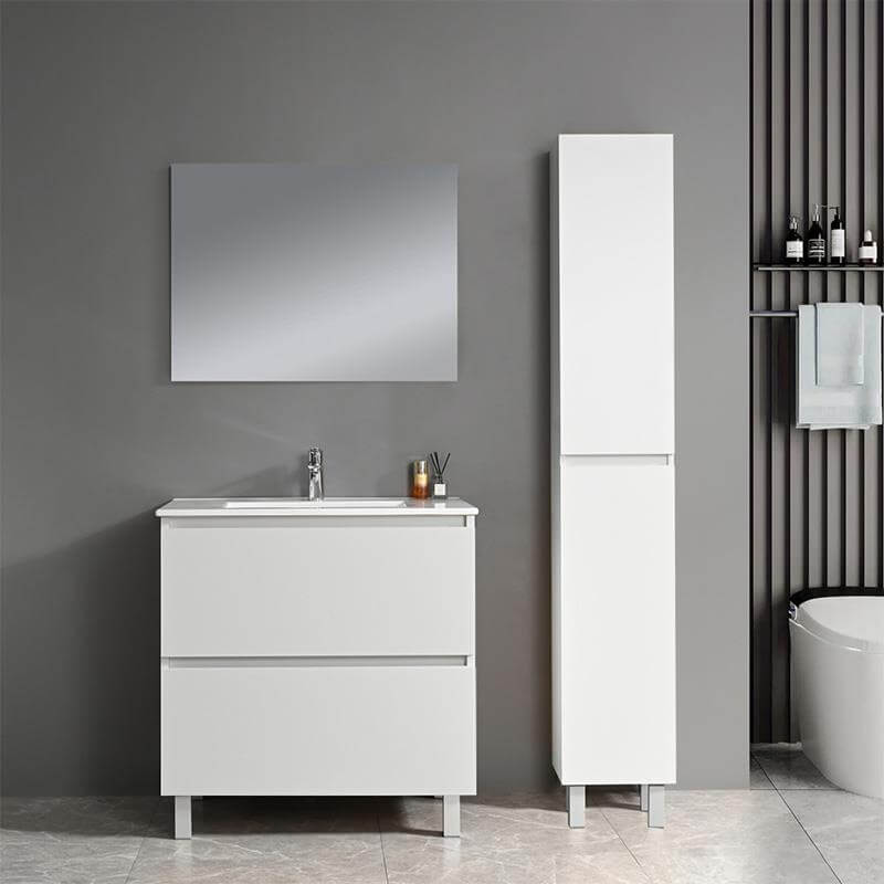 Gabinete baño lavabo con lavabo encastrado, cajones de cierre suave y estilo minimalista.